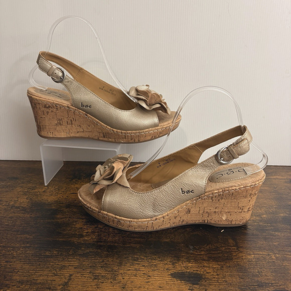 Born Wedge Sandal Womens Sz 9M Gold Pewter Leather Cork Rosette Boho Peasant - Picture 3 of 14